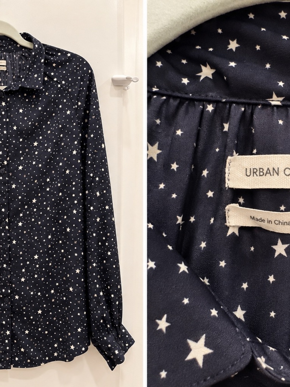 Urban Outfitters Navy Satin Star Print Button Down Blouse Celestial